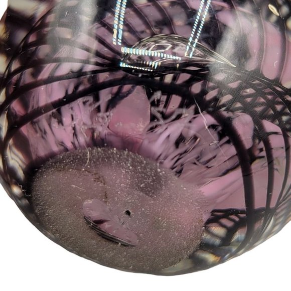 Handcrafted Blown Glass Paperweight Purple Black Swirl Round Artist Signed - Picture 6 of 7